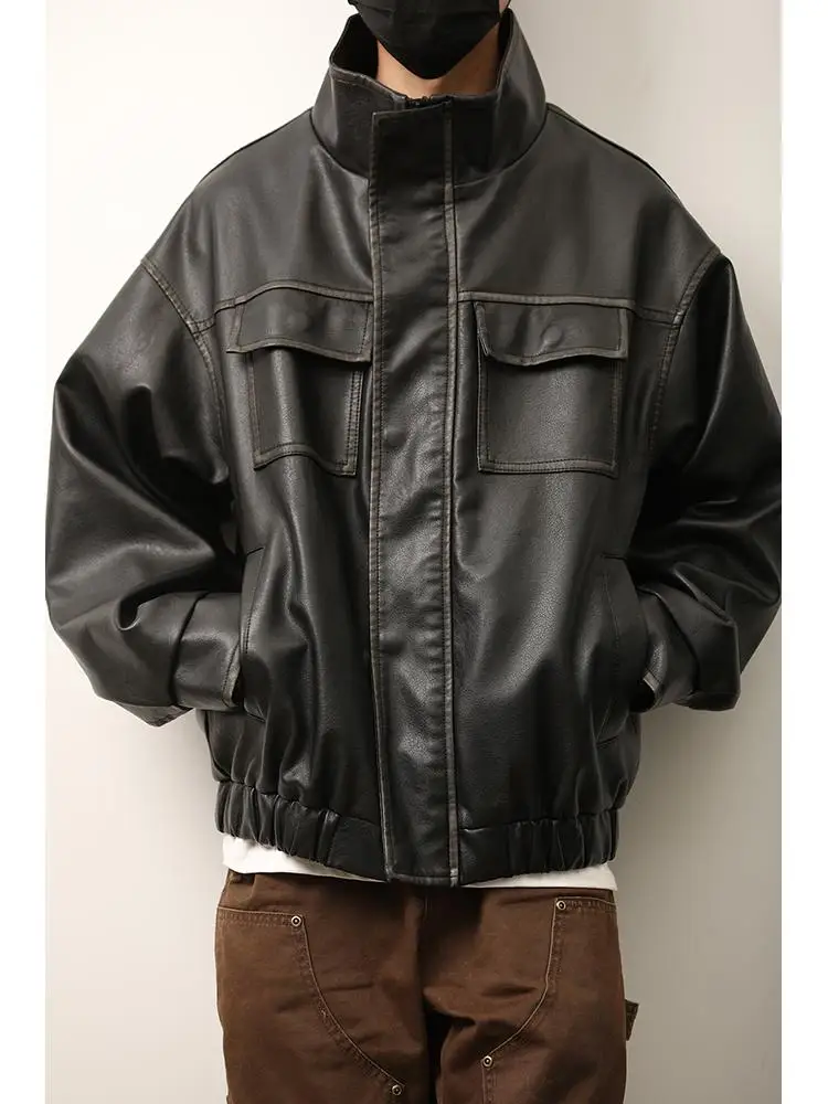 

Retro American Sle Leather Jaet Men's Loose Fit Stand Collar Biker Coat Vintage Worn Color Youthful Energy Faion