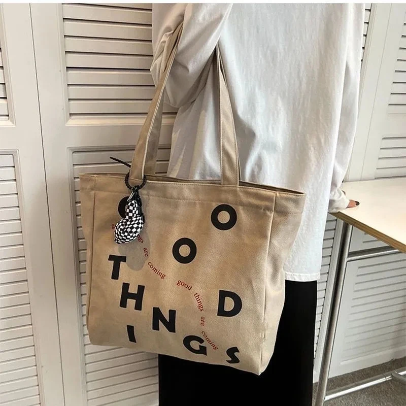 Bolso de hombro de lona para mujer, bolsa de mano informal con estampado de letras, de algodón de gran capacidad, de alta calidad, para compras y