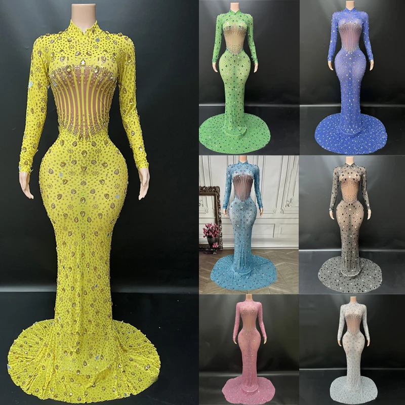 

7 Colors Women Celebrate Performance Dresses Full Rhinestones Evening Dress Bar Night Club Stage Catwalk Jazz Costume XS10303