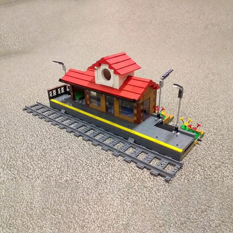 Railway Train Model Moc Building Bricks Model The Train Station in a Small Village Technology Modular Blocks Toys DIY Assembly