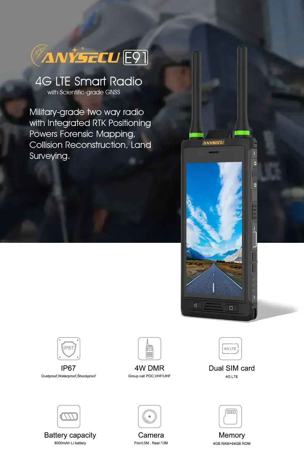 

IP68 Waterproof E91 Android 9.0 With 4 Watts DMR UHF 5.7Inch Screen Rugged Smart Phone