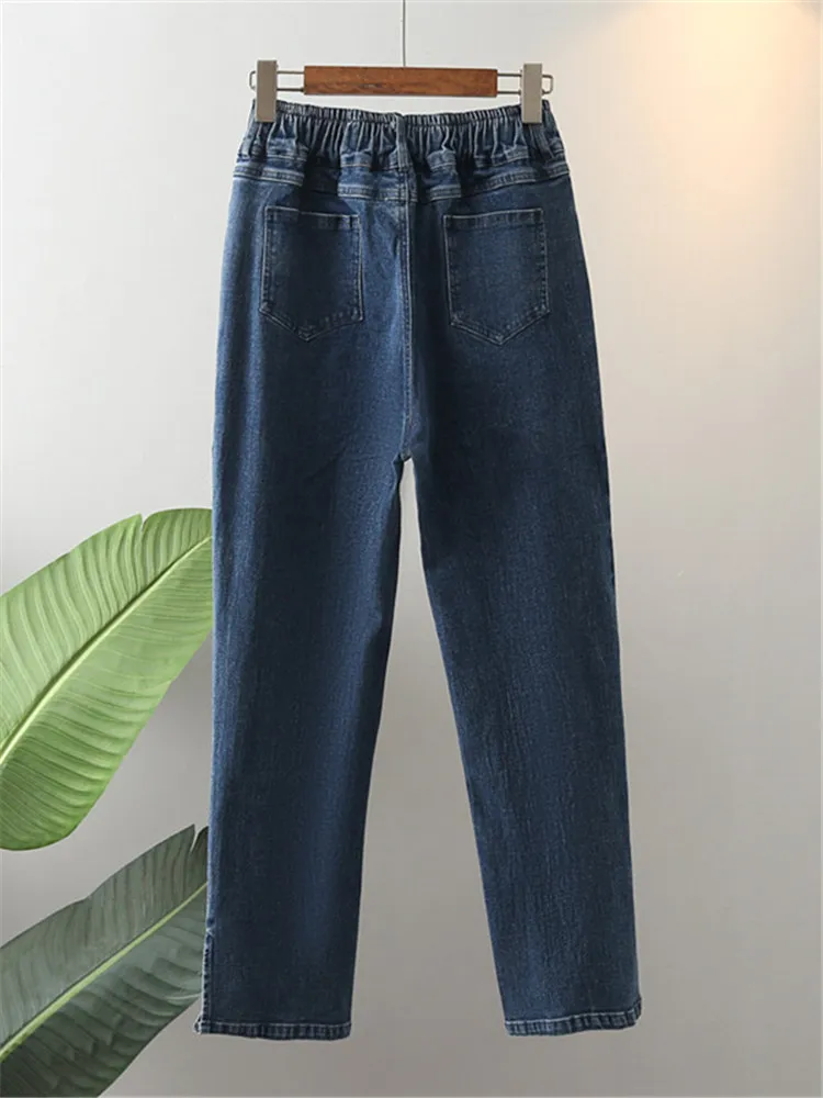 Grote Maat Dameskleding Lente-En Herfstjeans Jeans Met Hoge Taille En Rechte Pijpen Gewassen Denim Broek Met Stretchstof