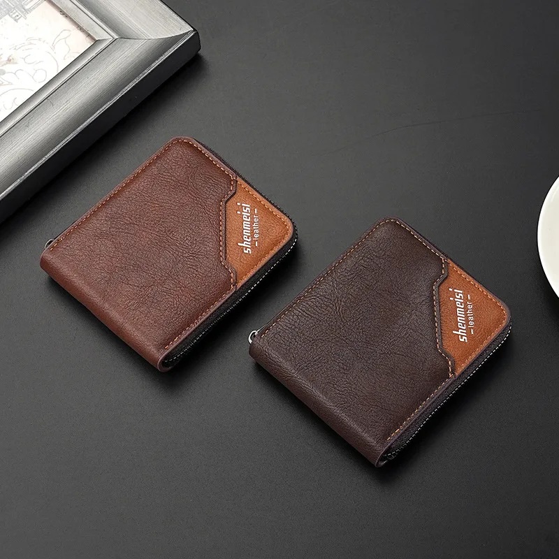 pu leather men's wallet fashion retro color collision splicing large capacity zipper anti lost wallet