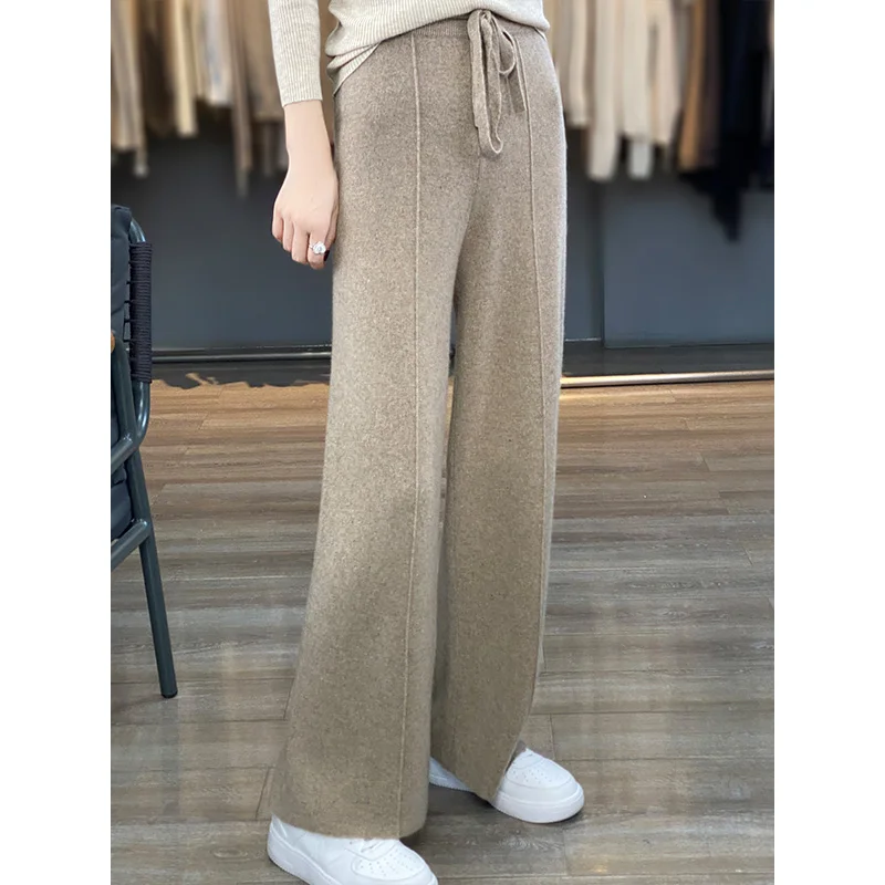 100% wool knitted wide-leg pants women\'s fall/winter mid-seam elastic high waist straight pants loose mop pants