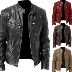 Men Autumn Winter Warm Zipper Cardigan Pocket Decorative PU Leather Jacket Stand Neck Slim Leather Jacket Coat