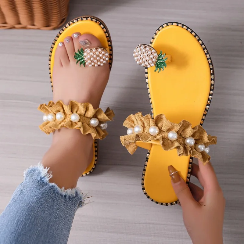 

2024 NEW Casual Fashion Designer Women's Slippers Pineapple Toe Pearl Flat Bottom Bohemian Casual Beach Sandals Women's Slippers