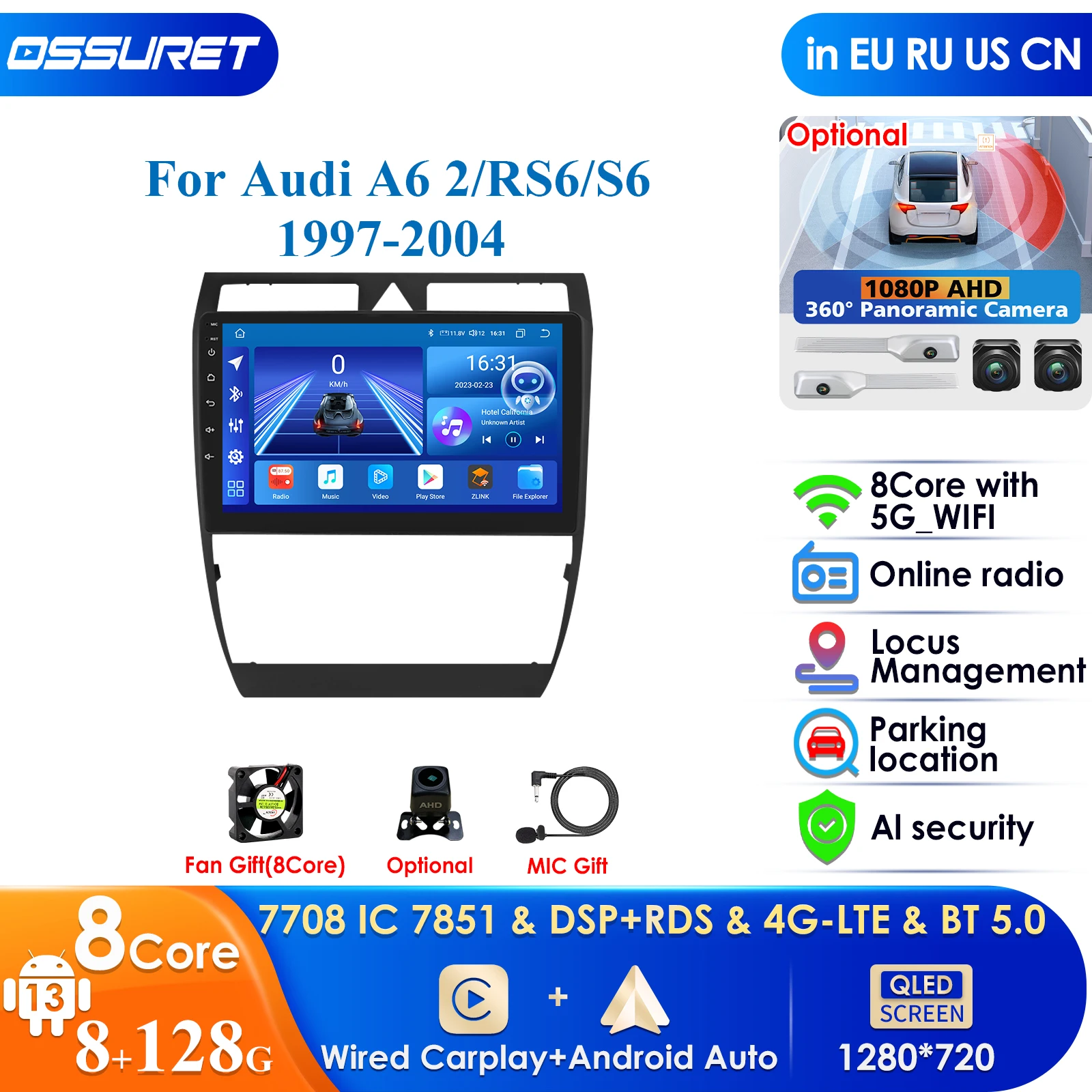 8+128 WiFi 4G-LTE Wireless CarPlay Radio for Audi A6 C5 S6 RS6 1997-2004 Android Multimedia Player 2din Head Unit DSP Stereo RDS