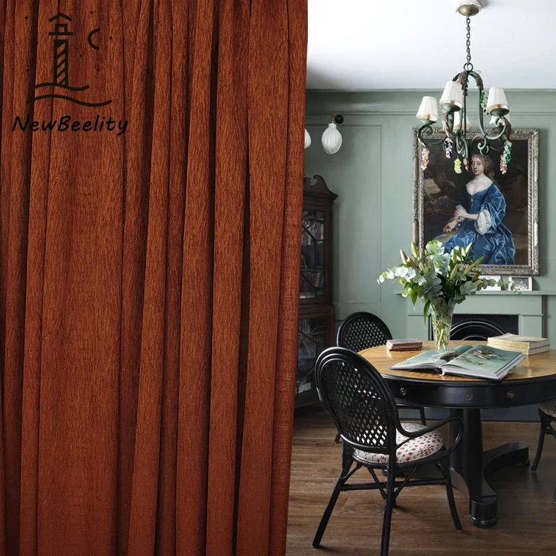 

New Dark Orange Texture Jacquard Thickened Blackout Wind Proof Soundproof Curtains for Living Room Bedroom French Window