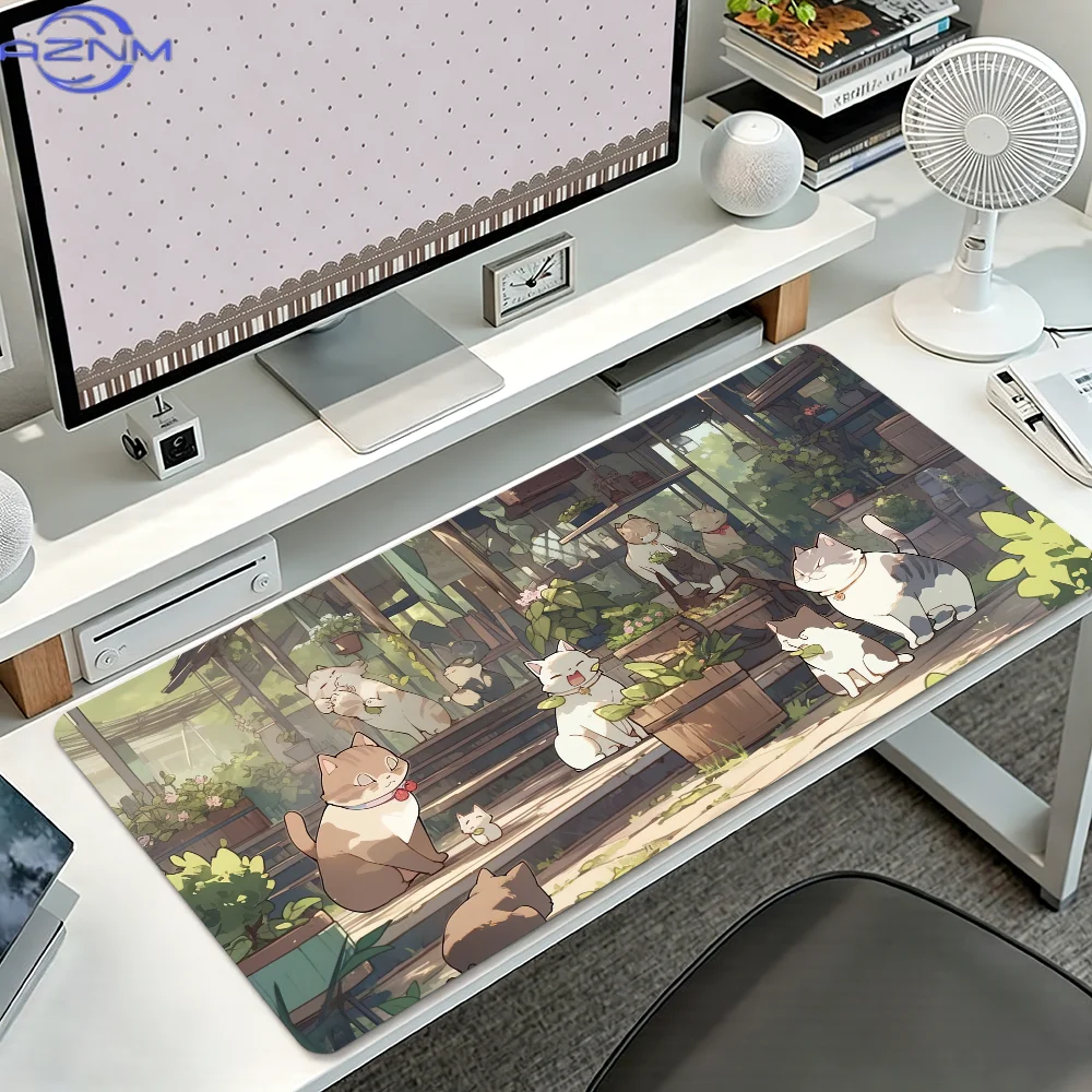 Anime Courtyard Kittens Illustration Mouse Pad, Waterproof Non‑Slip Mouse Mat for Art‑Loving Desktop