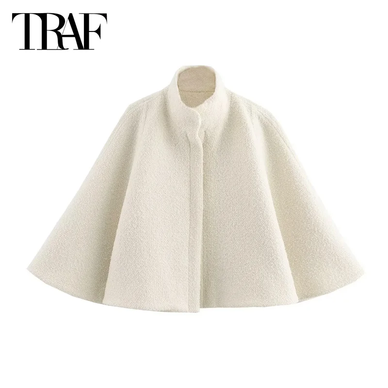 TRAF Beige Short Cape Coat 2024 Women's Warm Winter Large Size Long Sleeve Cropped Cloak Casual Elegant Coat New In Outerwears