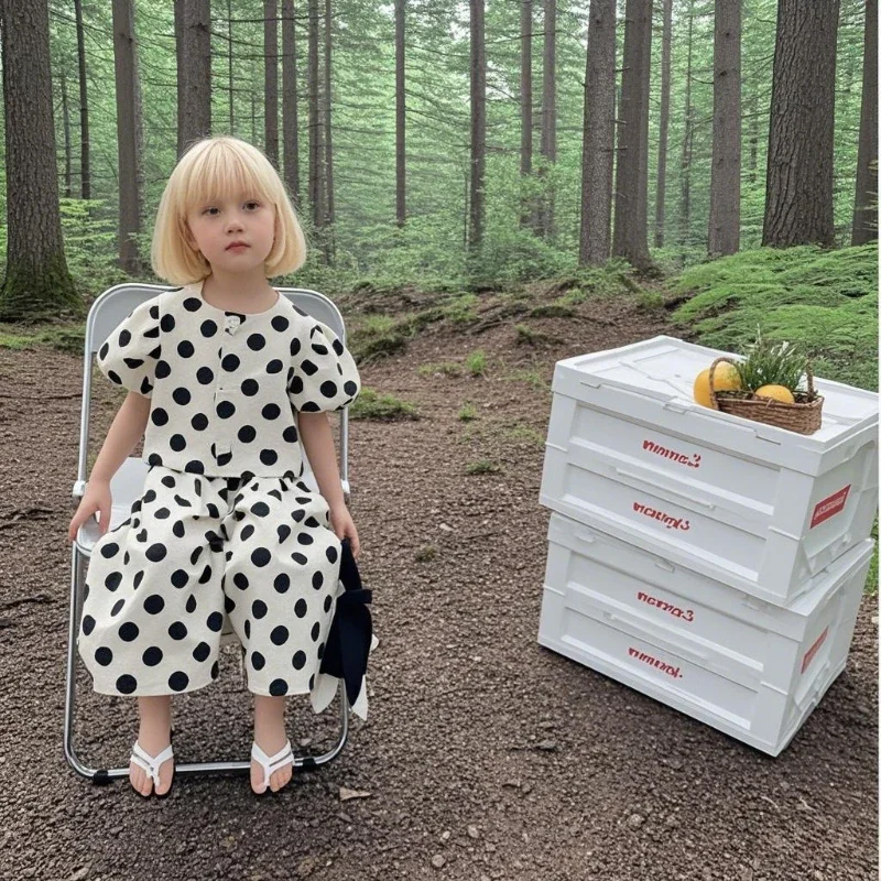 

2025 Summer New Children's Black and White Polka Dot Single Breasted Short Sleeved T-shirt and Wide Leg Pants Two-piece Set