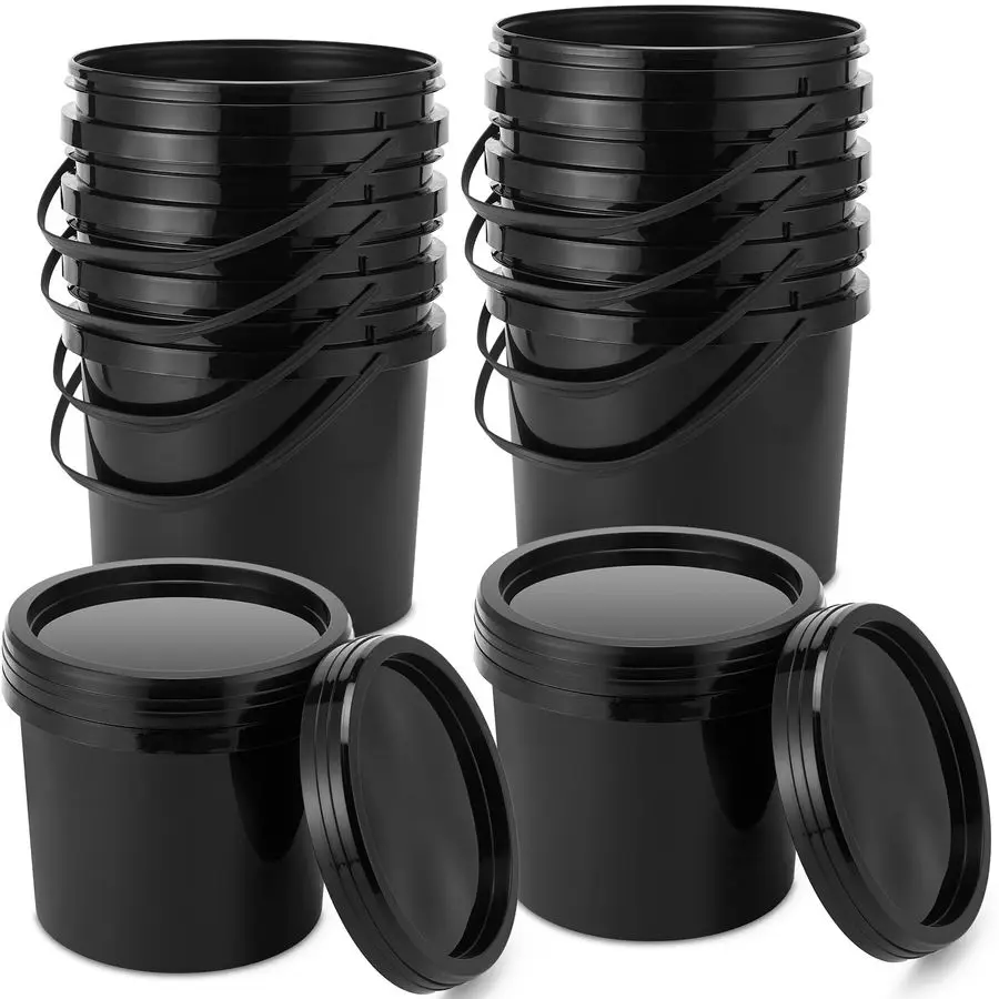 

10 Pack Black 1 Gallon Plastic Bucket with Handle and Lid Food Storage Bucket Containers All Purpose Pail for Paint Water Art Cr