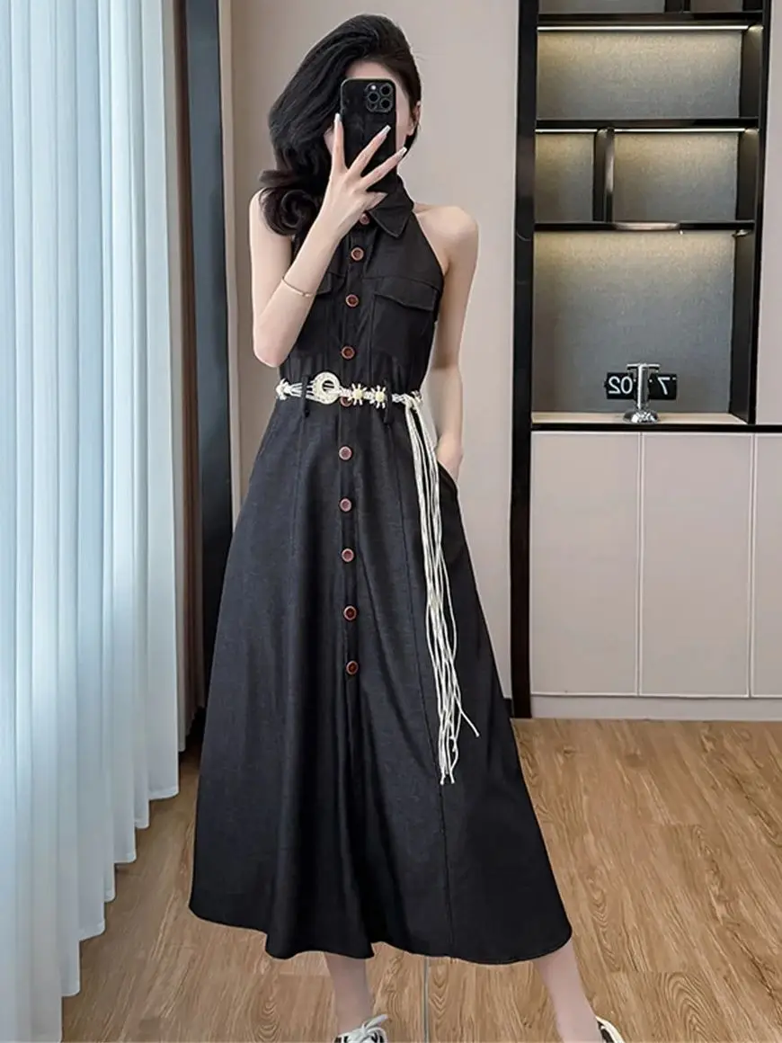 

2025 Summer Sexy Strapless Sleeveless Denim Vest Dresses Women Lapel Single-breasted Long Dress With Belt