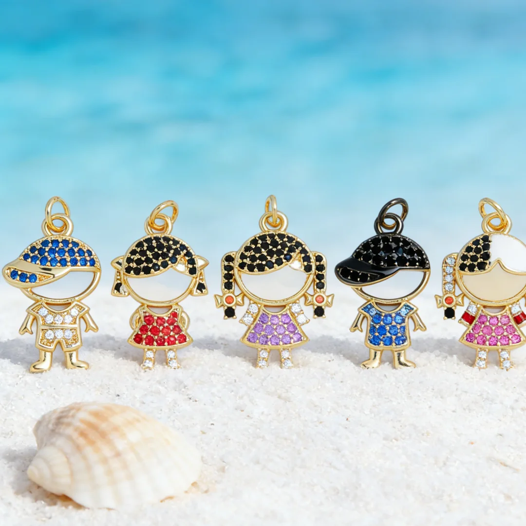4Pcs Pendants Brass Cute Doll Different Styles Sparkling Colorful Zircon Charm for DIY Jewelry Necklace Bracelet Daily Accessory