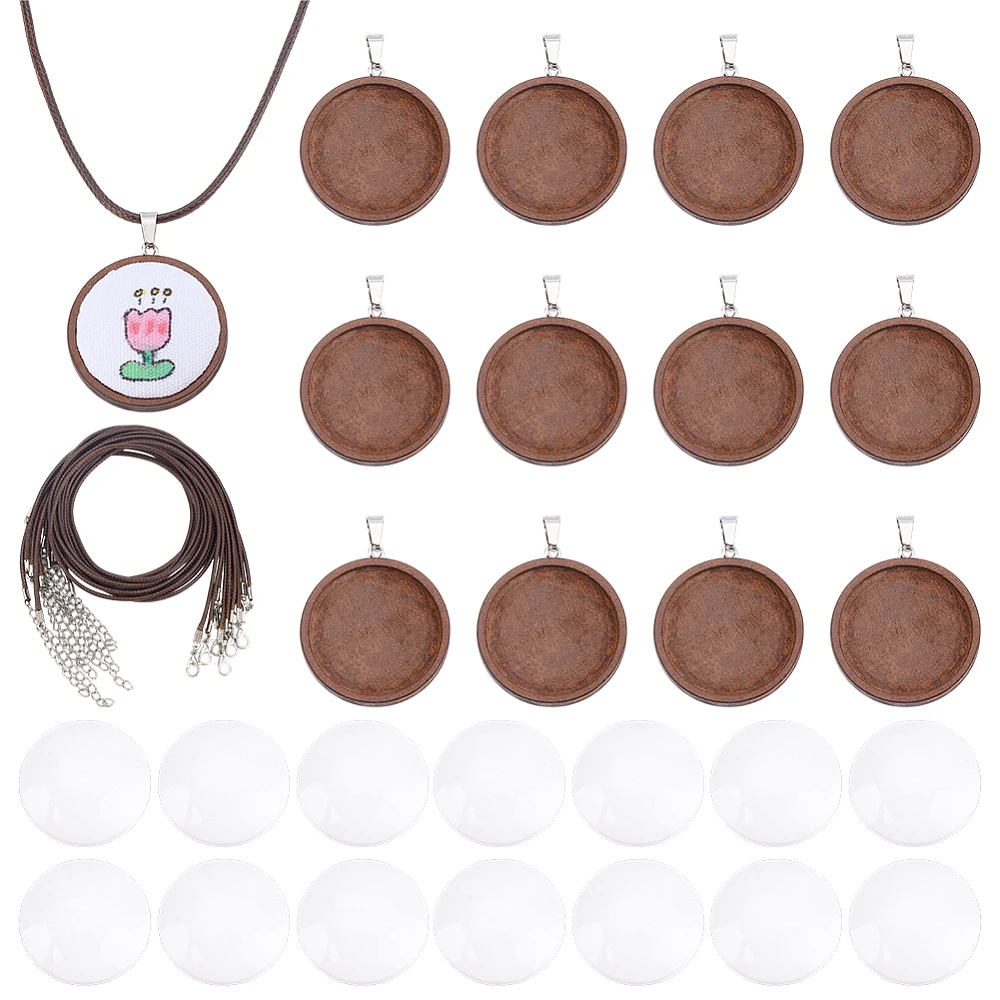 

DIY Wooden Imitation Leather Cord Pendant Necklaces Making Kits Flat Round Saddle Brown 18 inch(45.72cm) Pendant: 38x35x4mm