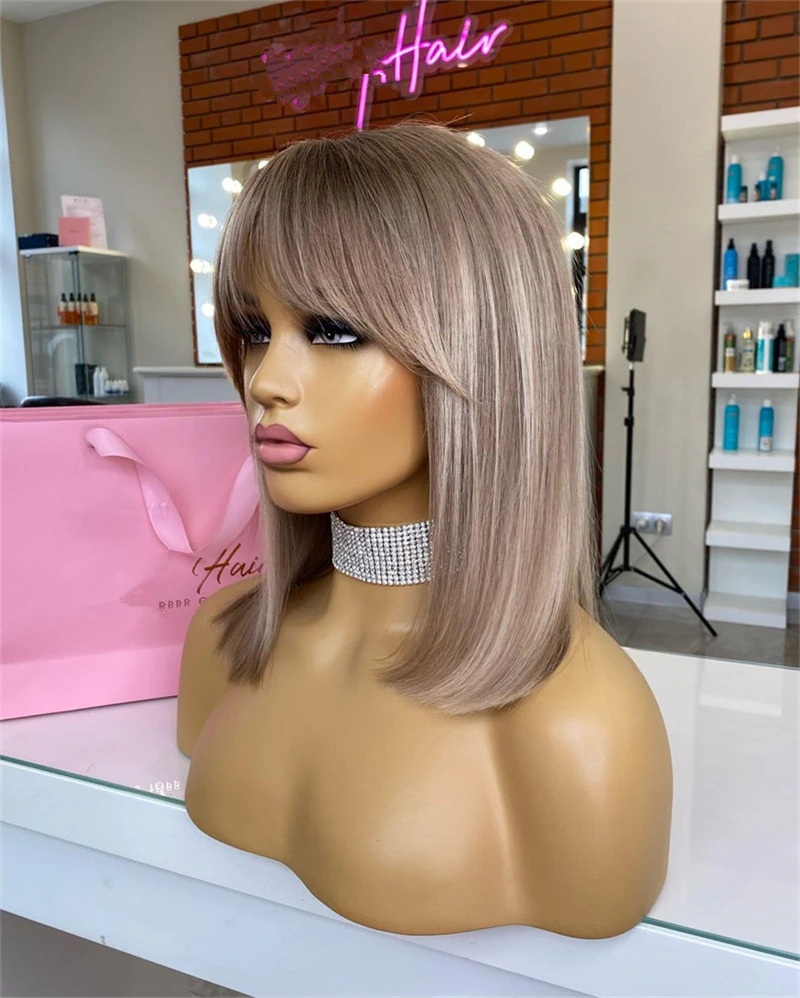Platinum Blonde 13x4 Lace Front Wig with Bangs Straight Dirty Ash Blonde Wigs Natural Roots High Heat Resistant Fiber Fringe Wig