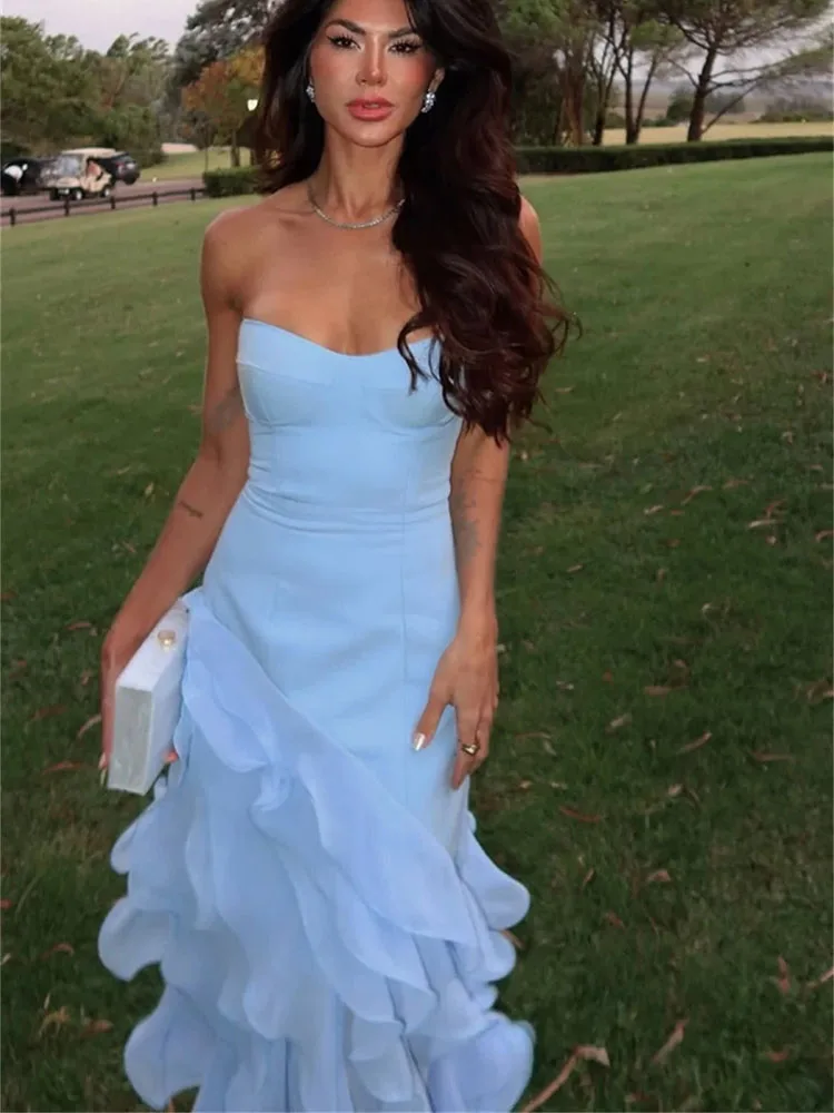 LAYXHS Elegant ชุดราตรีผู้หญิงสีฟ้า Strapless Tiered Ruffle ชุดราตรีที่กําหนดเอง robes de soirée