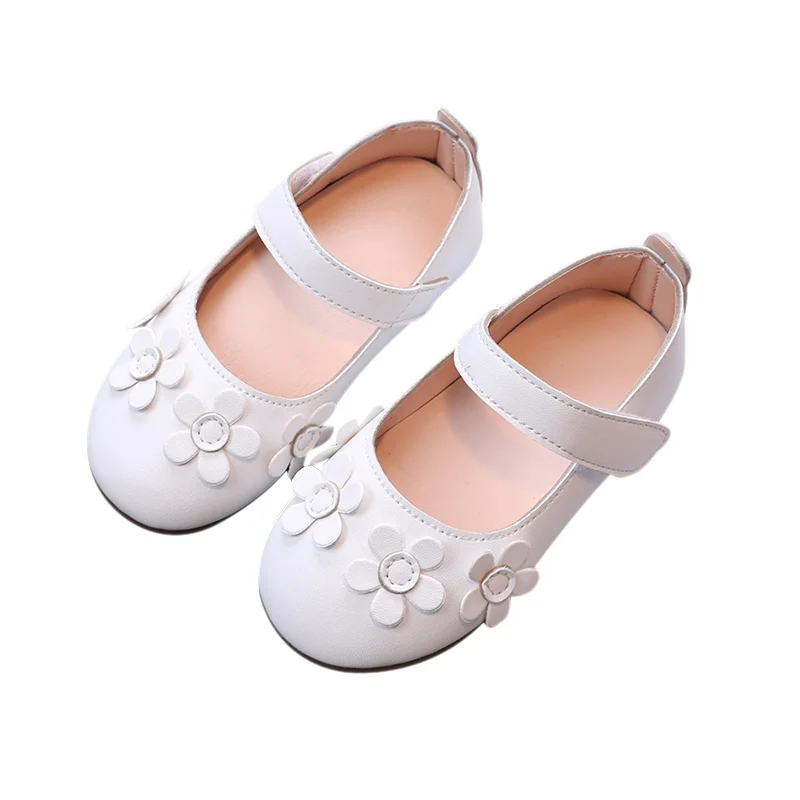 3-6 Years Kids Girls Leather Shoes Soft Bottom Non-Slip Solid Flower Decoration Nylon Clasp Spring Summer Children Casual Flats