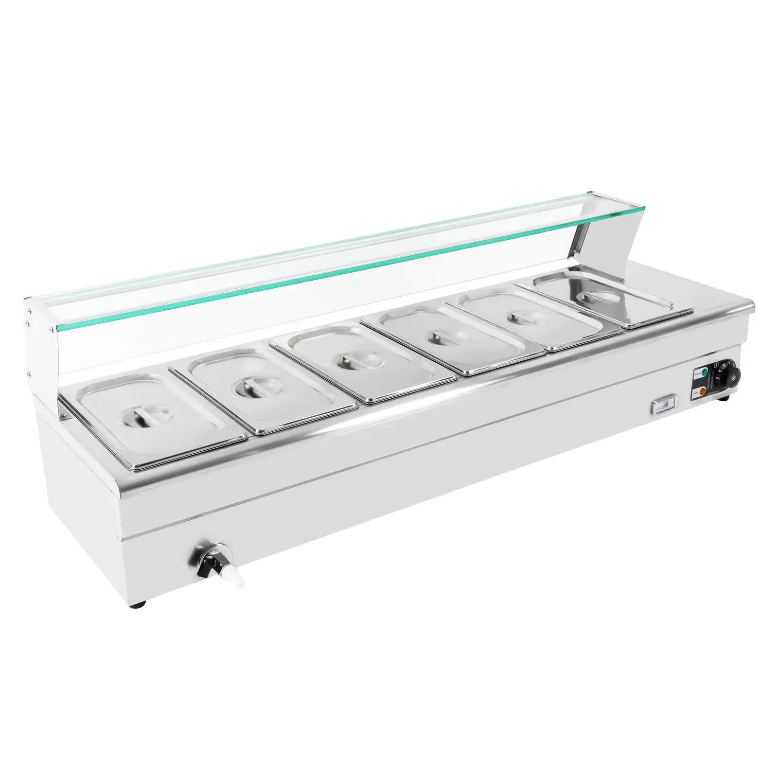 جهاز تسخين الطعام 6 مقلاة من الفولاذ المقاوم للصدأ طاولة بخار الطعام التجارية 1200 وات جهاز تسخين الطعام الكهربائي مع درع من الزجاج المقسى #2