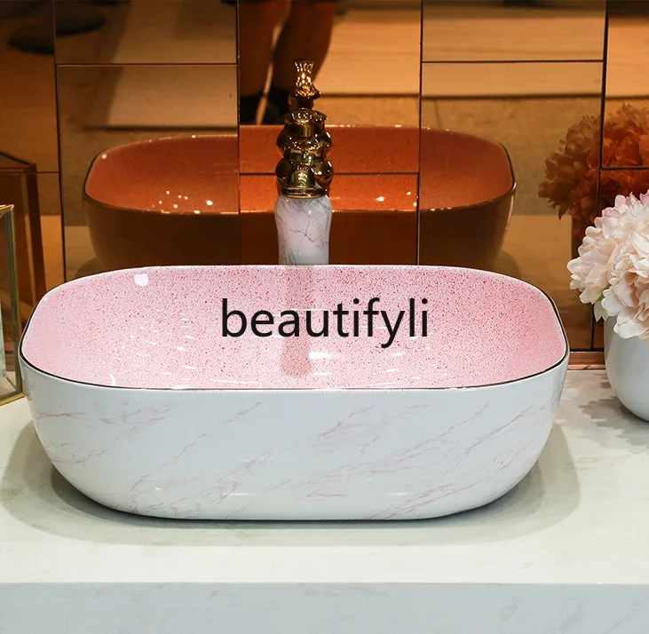 B185 estilo nórdico bacia de mesa multicolorida retangular banheiro varanda pequena bacia facial cerâmica