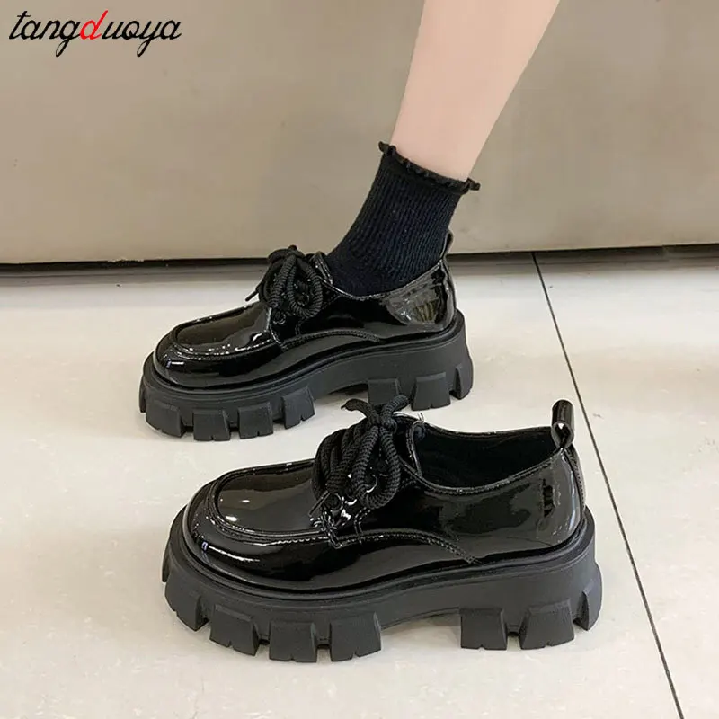 Chunky Platform Oxfords Shoes for Women 2024 New Non Slip Lace Up Lolita Shoes Woman Thick Bottom Leather Gothic Shoes
