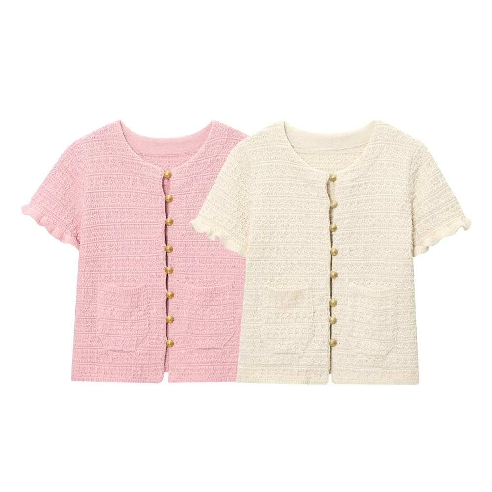 

BSK&TRAF2025layered decorative round neck short sleeves single-breasted temperament knitted short-sleeved jacket for women