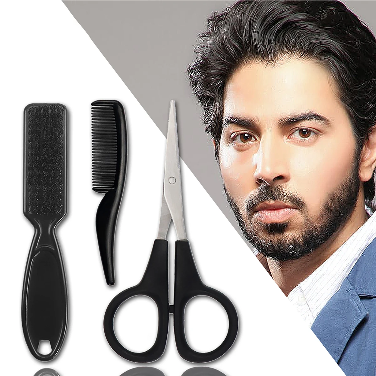 3pcs professional men\'s beard styling setmini comb scissors beard cleaning brushbeard trimming set Special for real hair wigs