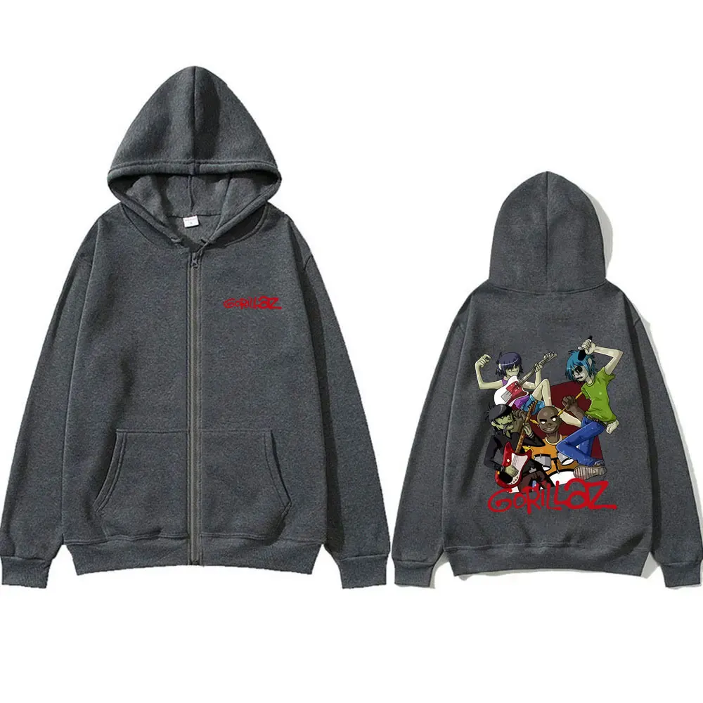 Rock Band Gorillaz Graphic Zipper Hoodie Men Women Hip Hop Gothic Oversized Zip Up Jacket Men's Casual Vintage Zip Up Sweatshirt