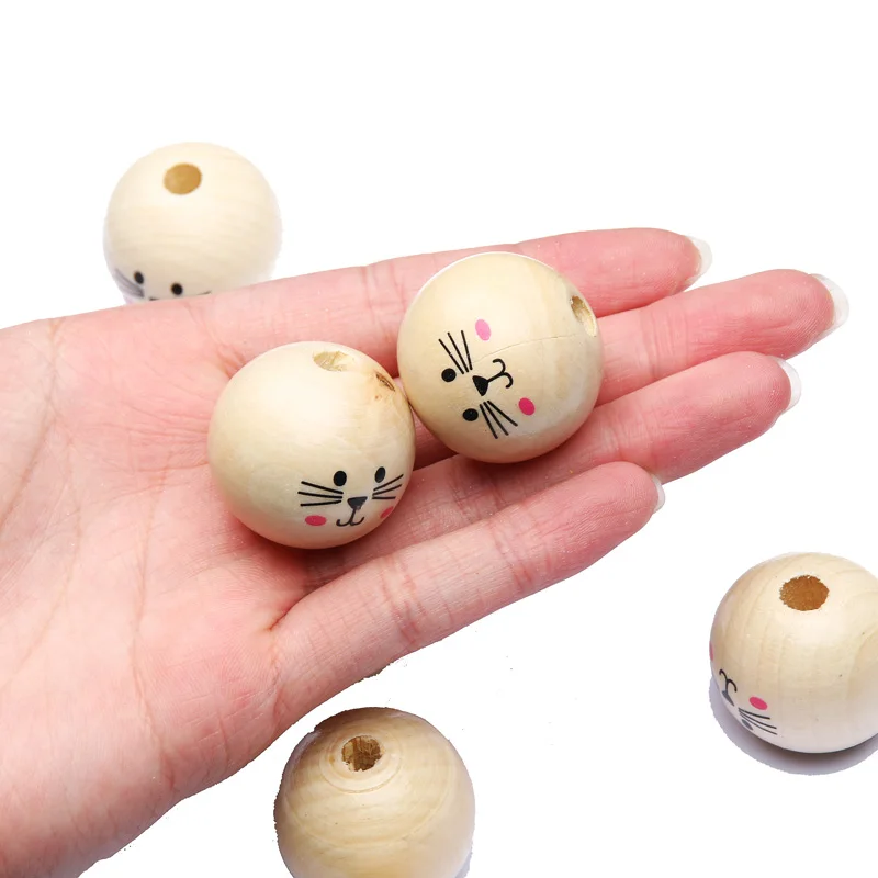 20/30mm Katzen-Holzperlen mit Cartoon-Tiermotiven, Runde Naturholzperlen für Armbänder, Girlanden, Stifte, Perlenarbeiten und Schmuckherstellung