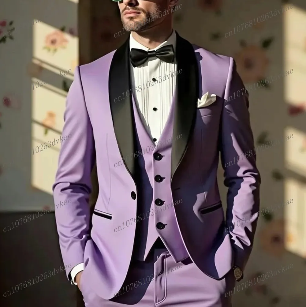 Black Lapel Dark Purple Formal Business Men Suit Groom Groomsman Wedding Party Prom Male Tuxedos 3 Piece Set Blazer Vest Pants