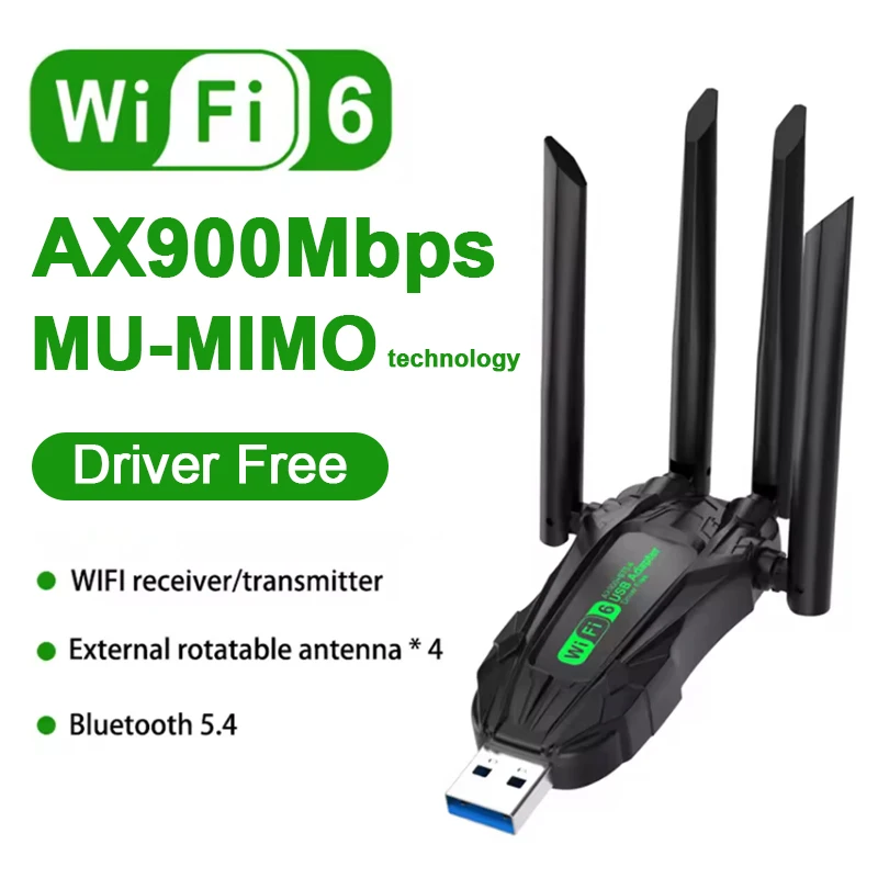 

Wi-Fi 6 AX900 USB-адаптер Bluetooth 5.4 двухдиапазонный 2,4G 5G 4 антенны Wi-Fi6 USB-сетевой приемник-ключ драйвер бесплатно для Win 10/11