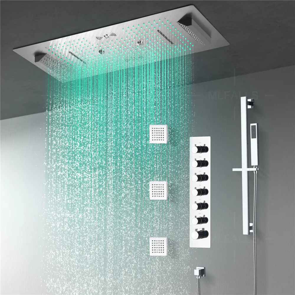 

Luxurious Music Large Thermostatic 64 LED Colors Rainfall Shower System Six Functions Shower Faucet Set