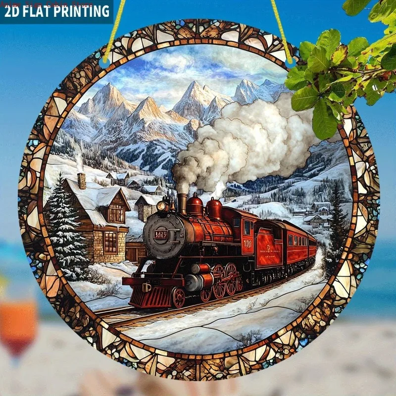 2D Flat, 1pc Sun Catcher Round Acrylic Sign Suitable for Living Room,Scenic Snowy Mountain Wall Decor,Style Train Sign,