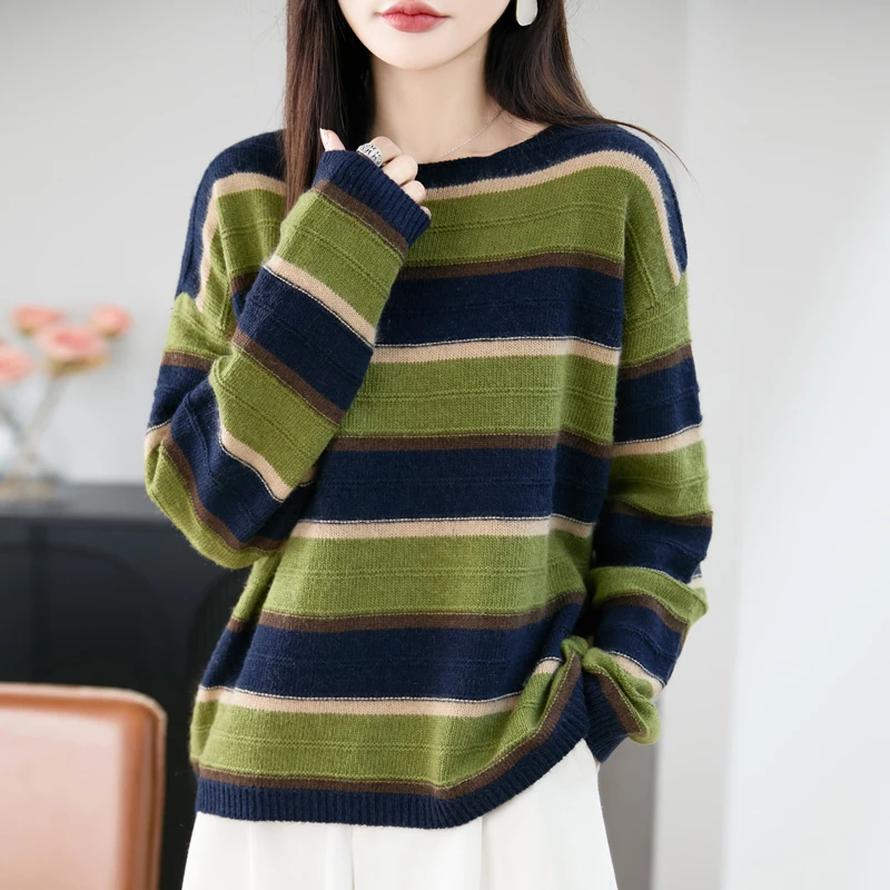 

Yoyoselect 100% Merino Wool Women's Striped O Neck Pullover Loose Long Sleeve Sweater Autumn Winter Fashion Casual Cashmere Top