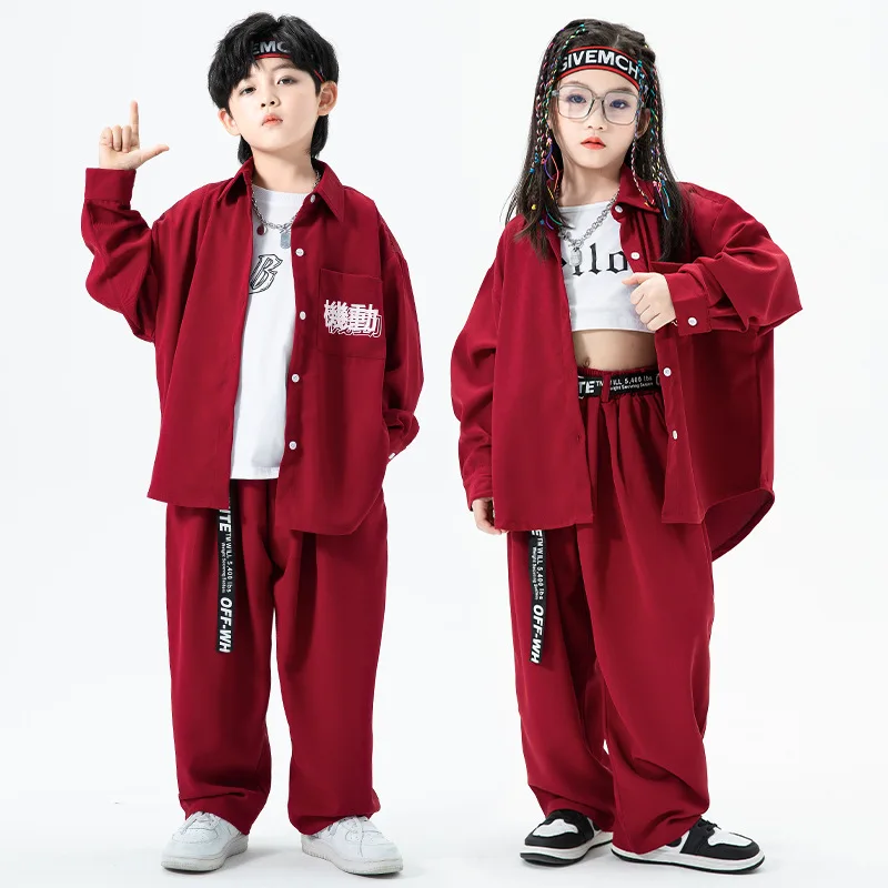 Kid Kpop Hip Hop Clothing Red Oversized Shirt Top Loose Casual Streetwear Baggy Pants for Girl Boy Jazz Dance Costume Clothes