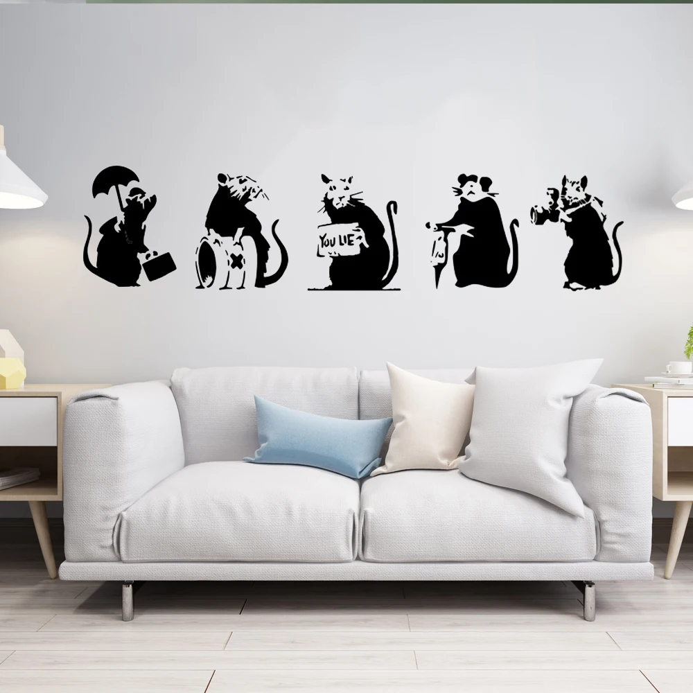 5Pcs Graffiti Banksy Rats Mouse Wall Sticker Street Style Rat Animal Wall Decal Bedroom Kids Room VInyl Home Decor