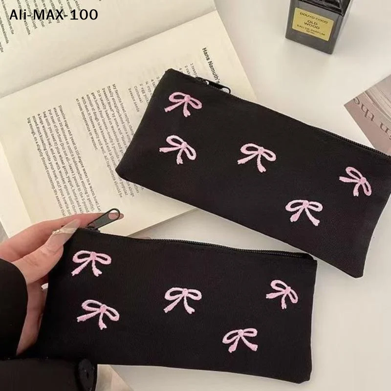 【AV】Black Canvas Pencil Pouch With Cute Pink Bow Embroidery Large Capacity For Students Stationery Storage