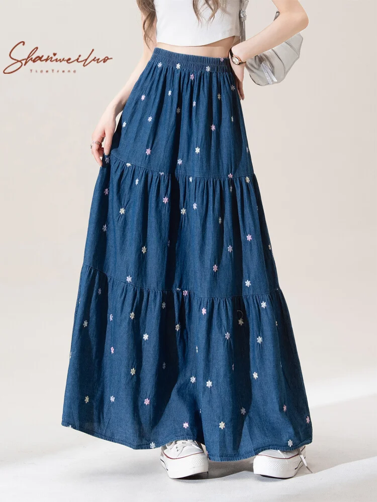 

Retro French Embroidery Floral Elastil Waist Blue Denim A-line Skirts For Women Slim Folds Casual Versatile Big Swing Skirt Summ