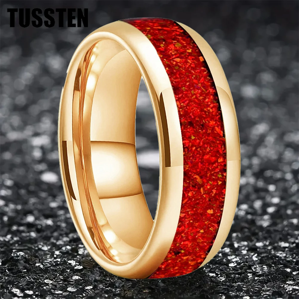 Dropshipping TUSSTEN 6/8MM Wedding Ring with Dome Polishing Center Red Opal Stone Inlay Comfortable Fit