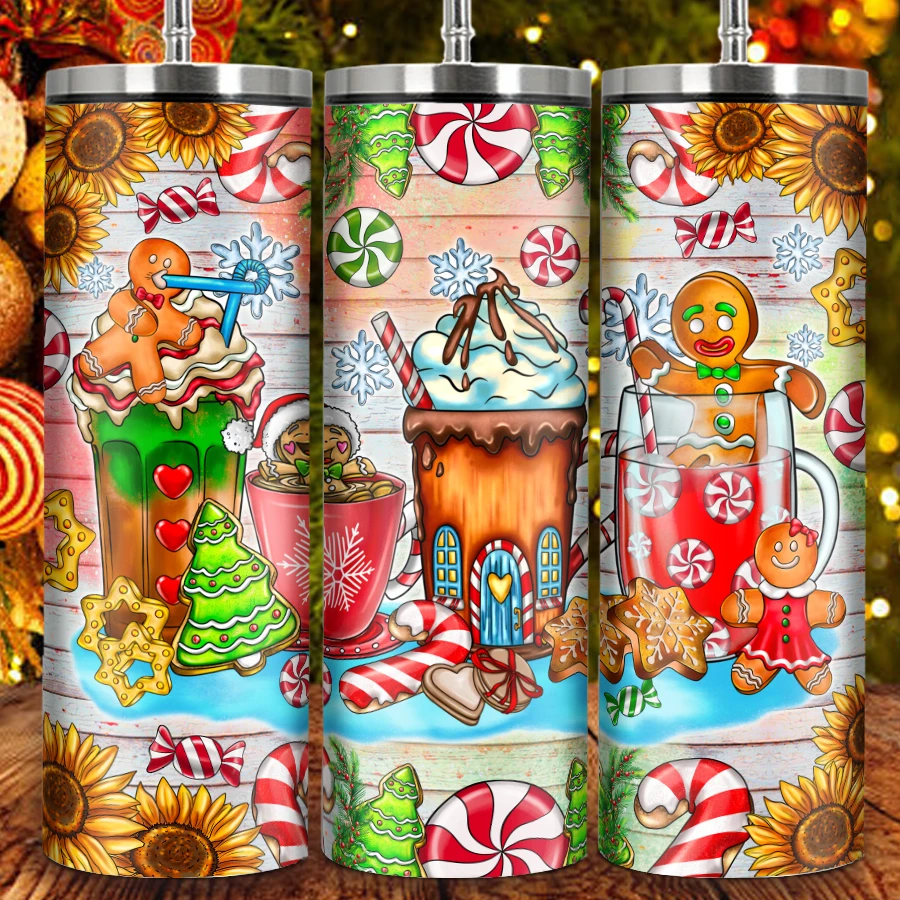 20oz Cute Christmas Travel Coffee Mug 1pc Stainless Steel Holiday Skinny Insulated Tumbler 3D Print Christmas Style Gift For Her