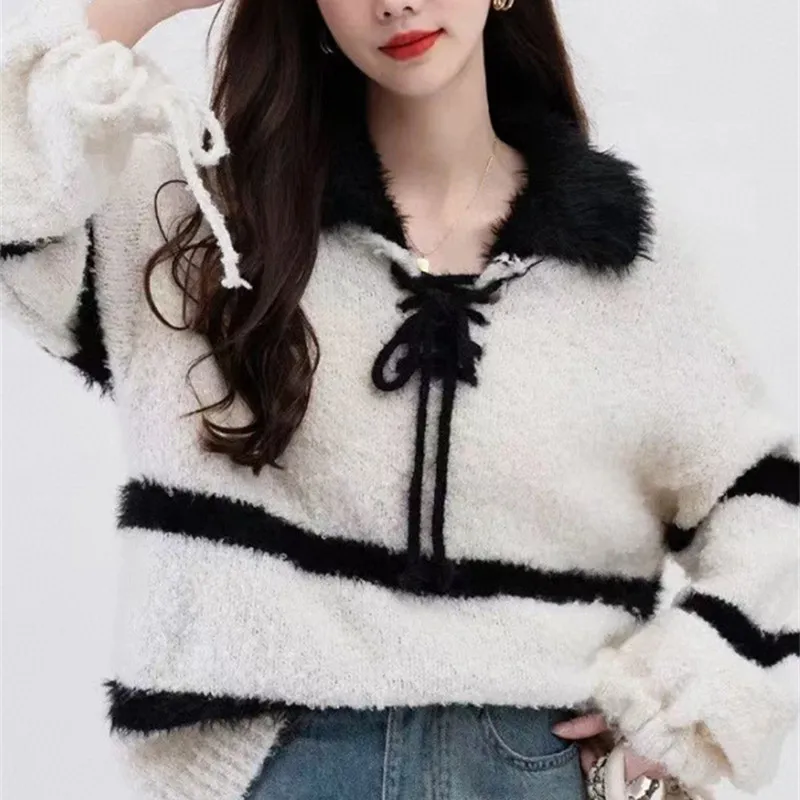 Hsa 2023 New Cute Women's Imitation Mink Hair Striped Sweater Fashion Loose Retro Soft Glutinous Lazy Style Long Sleeve Tops