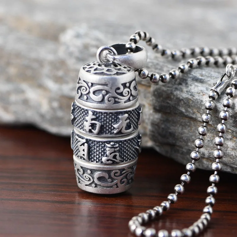 

AETEEY Thai Silver Vintage Rotatable Gau Box Pendant Openable Storage Sanskrit Six-Word Charm