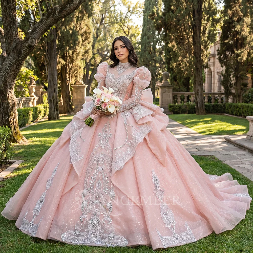 

Платье для девочек на 15-летие с шлейфом, блестящее, с высоким воротником, длинными рукавами, на шнуровке сзади, Vestidos De 15 Años, с возможностью индивидуального пошива