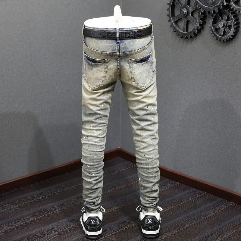 High Street Fashion Men Jeans Retro Washed Blue Stretch Skinny Fit Painted Ripped Jeans Men Patched Designer Hip Hop Brand Pants