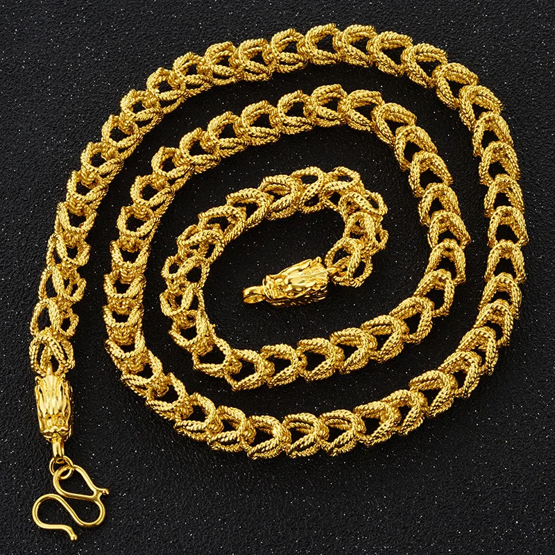 Low Key Luxury Neck Jewelry For Men 24K Gold AU999 Matte surface highlights layered hollow double dragon head embossed pattern