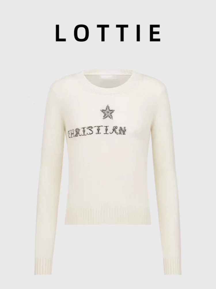 

LOTTIE High-End Autumn Winter New Star Letter Embroidery round Ne Knitted Sweater Long Sve Women's Ele Fit Woolen Top