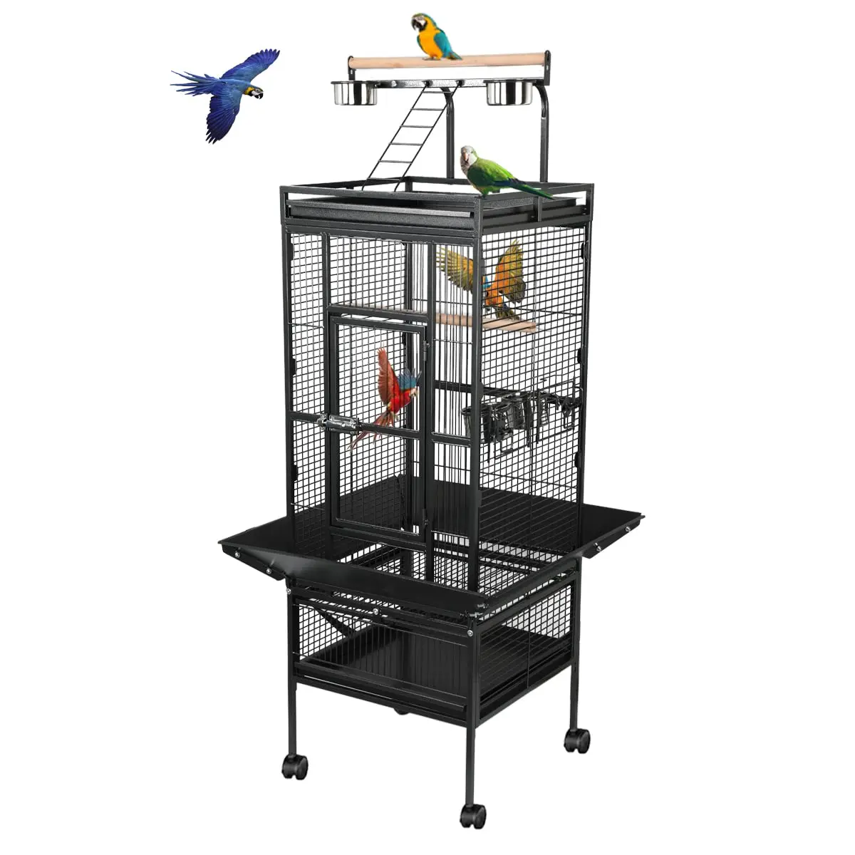 Large Rolling Bird Cage with Feeding Bowls, Play Stairs & Removable Tray  Safe for Parrots & Small Birds