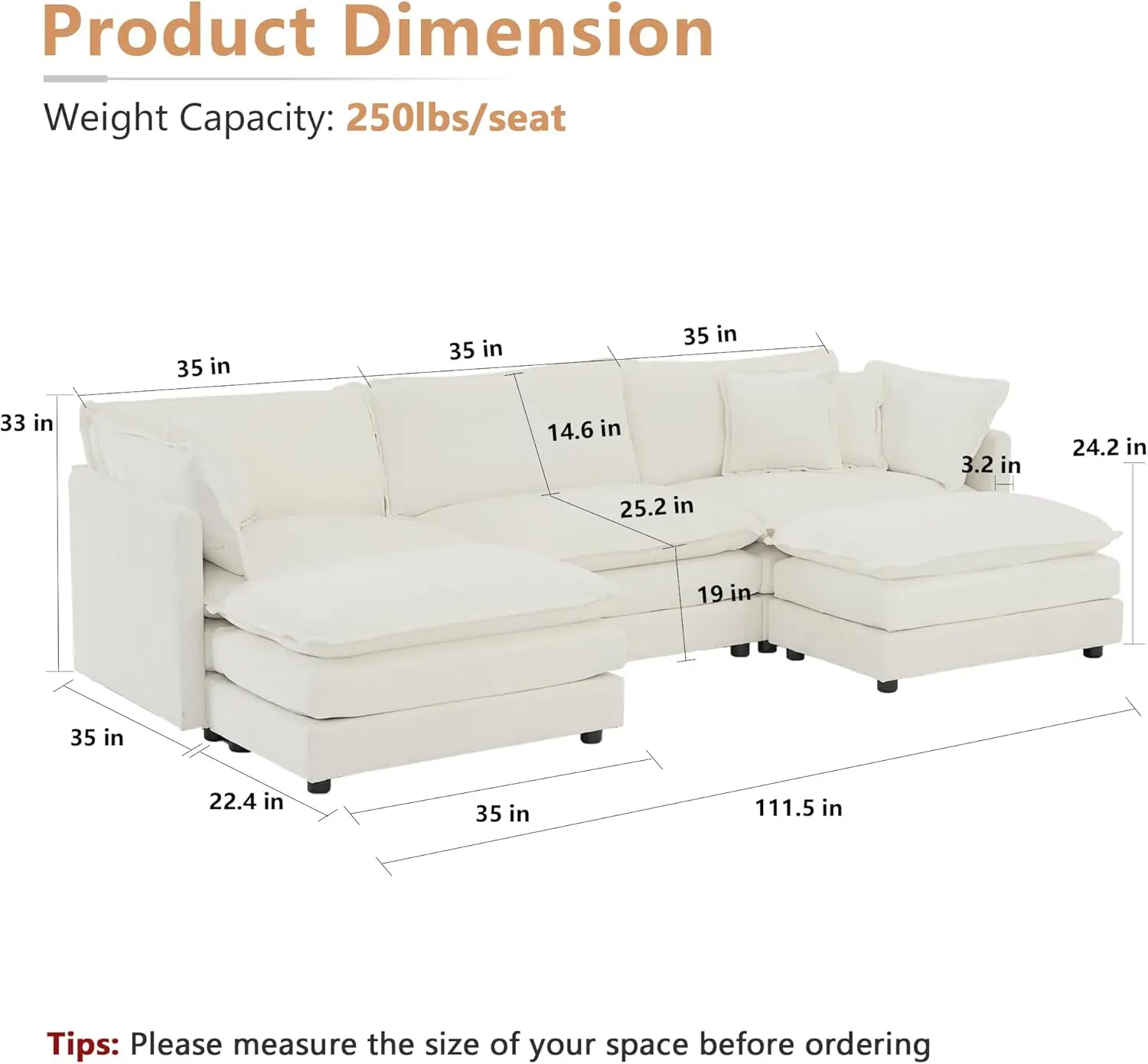 Modular segmentation, living room 111.5 inch U-shaped sofa cover, 3-seat comfortable sofa, DIY combination, beige