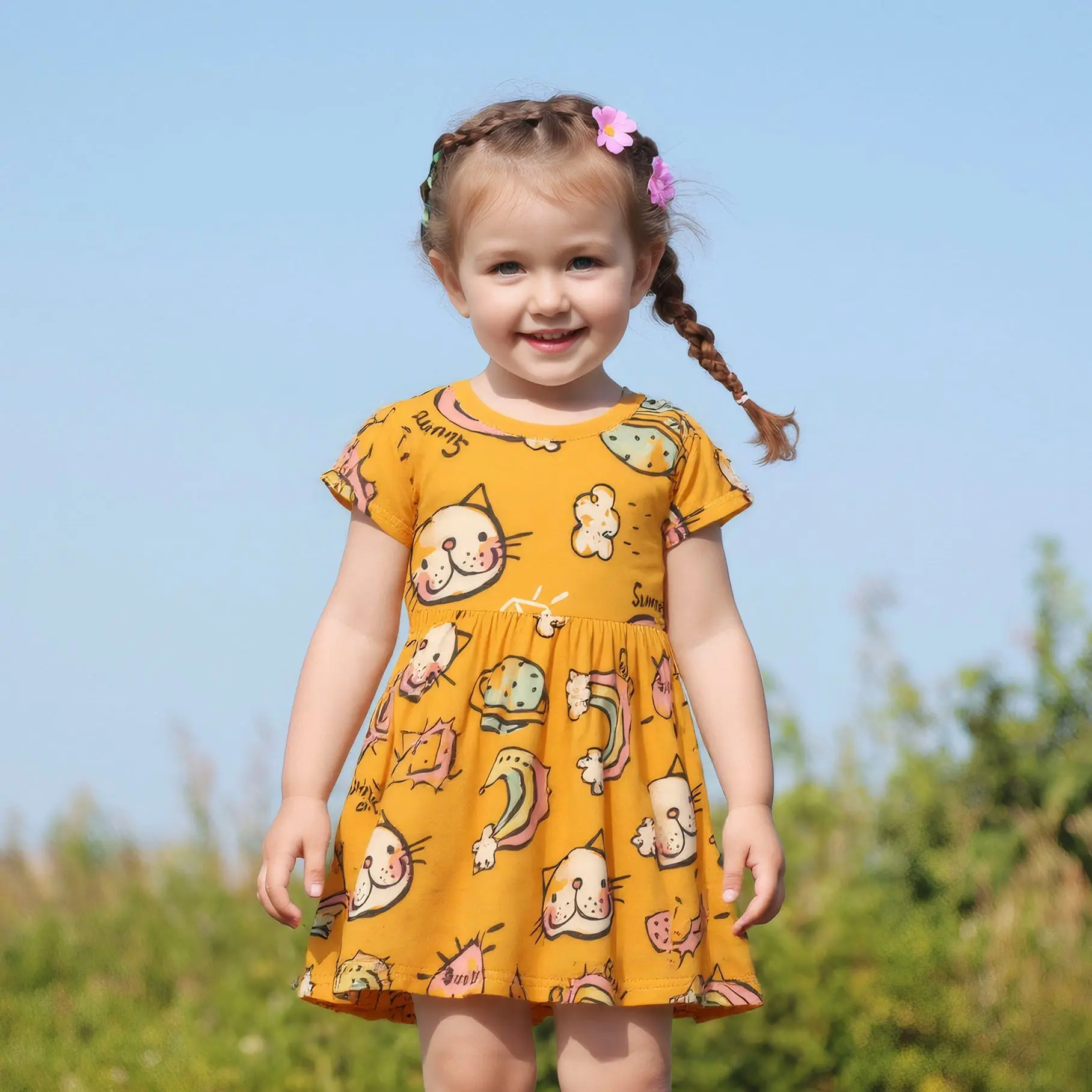 

Платье Sanlutoz с героями мультфильмов, детская одежда для девочек, летняя милая модная одежда с короткими рукавами для маленьких детей