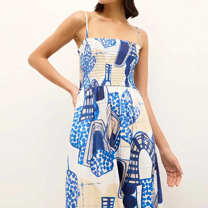 Vestido plisado con tirantes de verano, vestido informal de cintura alta sin mangas para playa, vestidos largos con estampado de patrón azul y hombros descubiertos, vestido Bohe